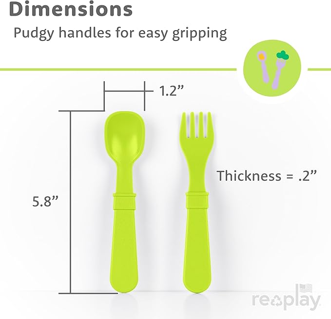 Re-Play Toddler Forks and Spoons Set - 6x6 Utensils Set for Kids - Dishwasher and Microwave Safe - Made in USA - Set of 12-5.8" x 1.2" x 0.2" - Crayon Box