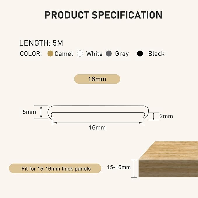U-Shape Edge Banding, HeiPen 16.4ft Self Adhesive Rubber Edge Trim, Fit 15-16mm Edge, TPE Flexible Furniture Edge Protector for Wood Veneer Cabinet Repair Furniture Restoration (Black, 16mm*16.4ft)