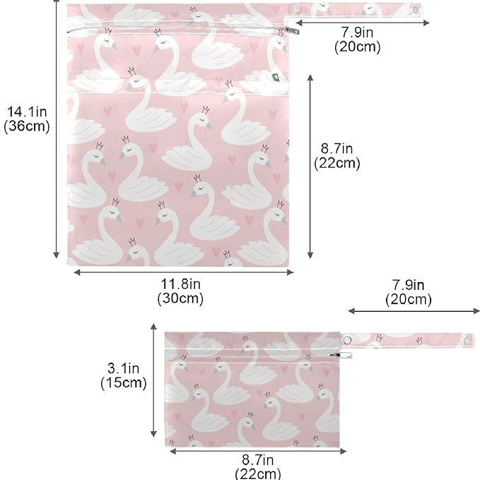 visesunny Cute Swan Heart 2Pcs Wet Bag with Zippered Pockets Washable Reusable Roomy Diaper Bag for Travel,Beach,Pool,Daycare,Stroller,Diapers,Dirty Gym Clothes, Wet Swimsuits, Toiletries