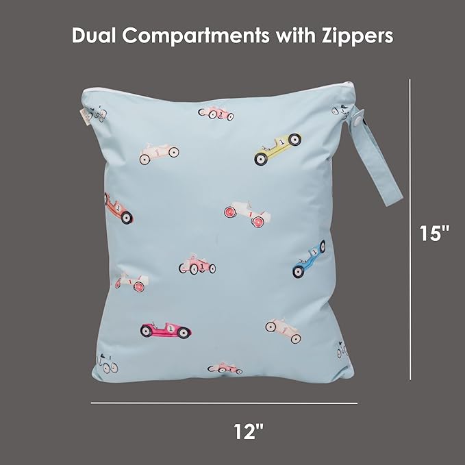 Ali+Oli Water Resistant Dual-Compartment Wet-Dry Bag for Travel, Hook to Stroller, Daycare, Diapers, Diaper Bag, Clutch Bag,15x12 inches (Retro Cars)