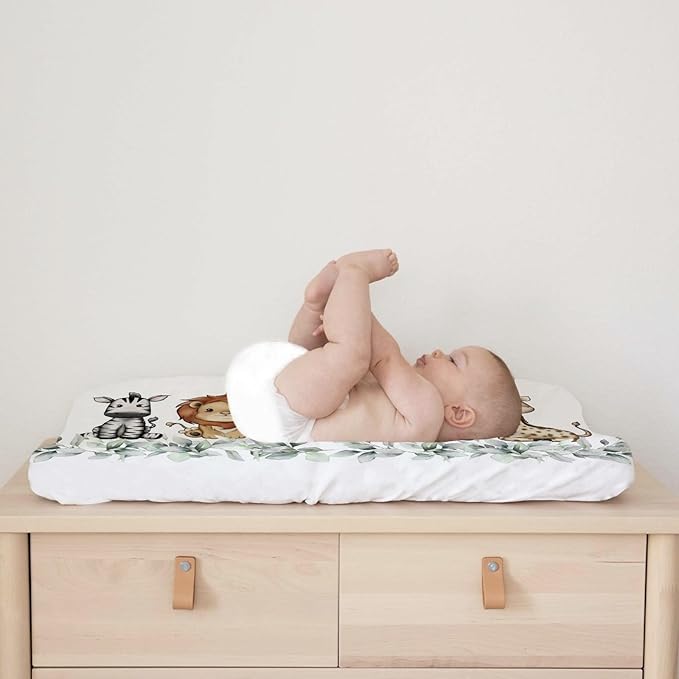 Baby Safari Animals Changing Pad Cover Cute Lion Elephant Giraffe Zebra Hippo Boho Green Leaves Change Table Pad Cover for Boys Girls Soft Stretch Fitted Diaper Changing Mat Sheets 32''x16''