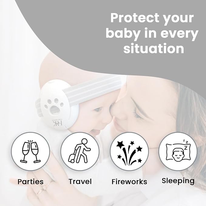 Baby Ear Protection | Ear Muffs for Infants with Elastic Headband | Baby Earmuffs Ideal for Flights, Sleep | 2 Bands Included (Grey-White)