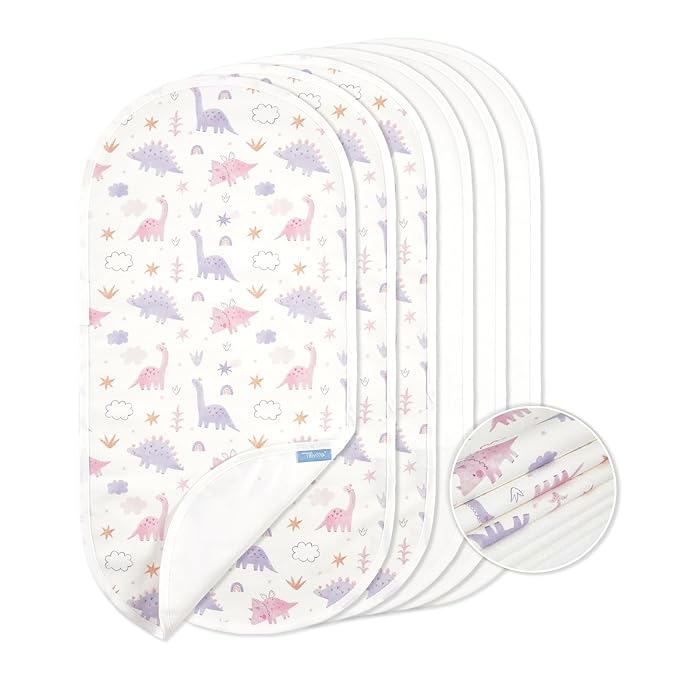 TILLYOU Waterproof Changing Pad Liners 6 Pack, 100% Cotton Reusable Cloth Diaper Liners, Dinosaur