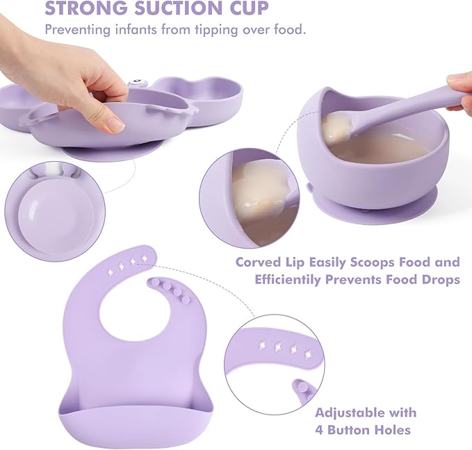Silicone Baby Feeding Set 15 Pcs,Baby Spoons Suction Bowl Divided Plate Bib Cup Finger Brush Training cups,Baby Led Weaning Supplies,Baby Plates,Toddler Feeding Plates and Bowls Set(purple)