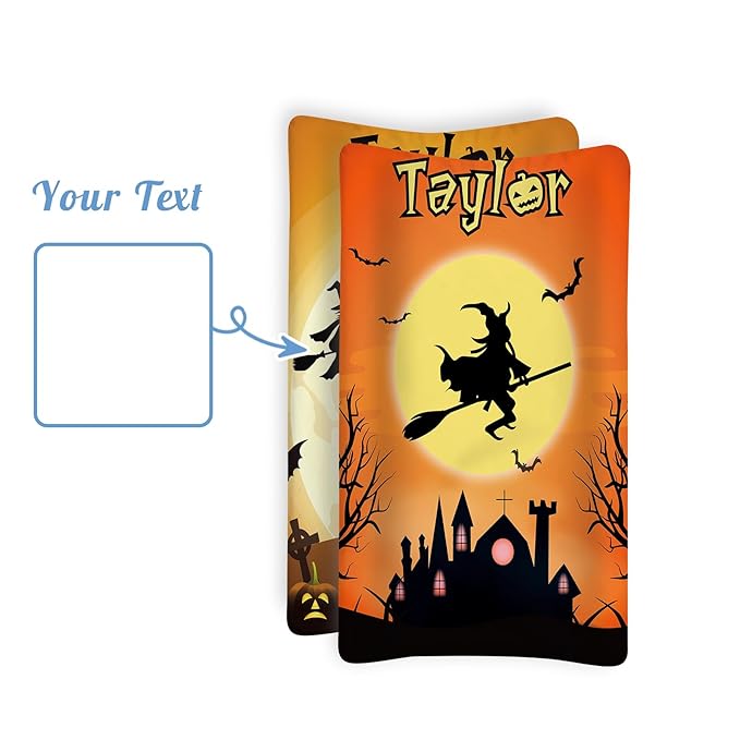 KAINSY Personalized Halloween Changing Pad Cover, Custom Diaper Change Table Sheets with Name, Witch Print Soft Jersey Knit Change Table Sheets for Toddler, 2 Pack Changing Pad Covers (16" x 32")