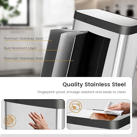 13 Gallon Stainless Steel Trash Can with Removable Inner Bucket, Soft Close & Stay Open Lid, Step-on Pedal – Modern Kitchen Garbage Can for Home, Office, or Commercial Use
