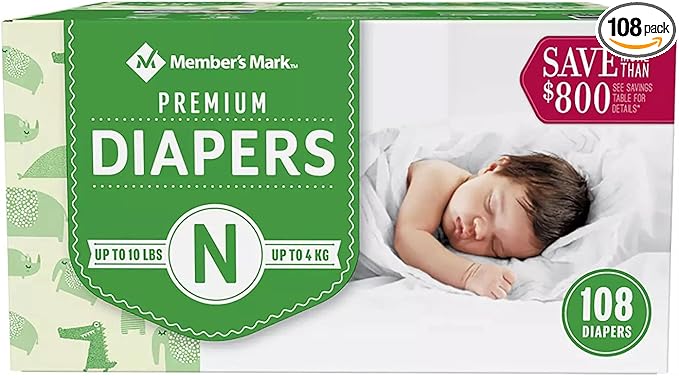 Members Mark Members Mark Premium Baby Diapers, Newborn Size 10 Pounds, 108 Count