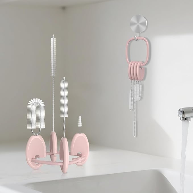 YOTIME 4 in 1 Straw Cleaner Brush Set, Reusable Standing Straw Brushes with Holder Ring, for Baby Bottles, Sippy Cups and Lids, Pink