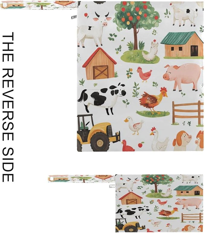 Kigai Farm Animals Wet Bag with Zippered Pockets 2pcs Waterproof Reusable Wet Dry Bag for Cloth Diaper, Baby Items, Swimsuit & Travel