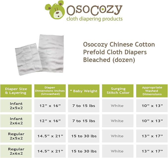 OsoCozy Chinese Prefold Diapers - 1 Dozen (Infant 2x5x2)