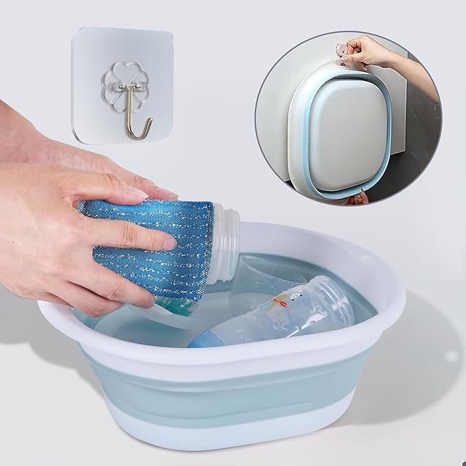Baby Bottle Wash Basin, Bottle Washing Basin - Collapsible Wash Basin for Baby Bottles, Reusable Sink Basket for Baby Bottle Cleaning, Portable Bottle Tub for Home and Travel (with Hook)