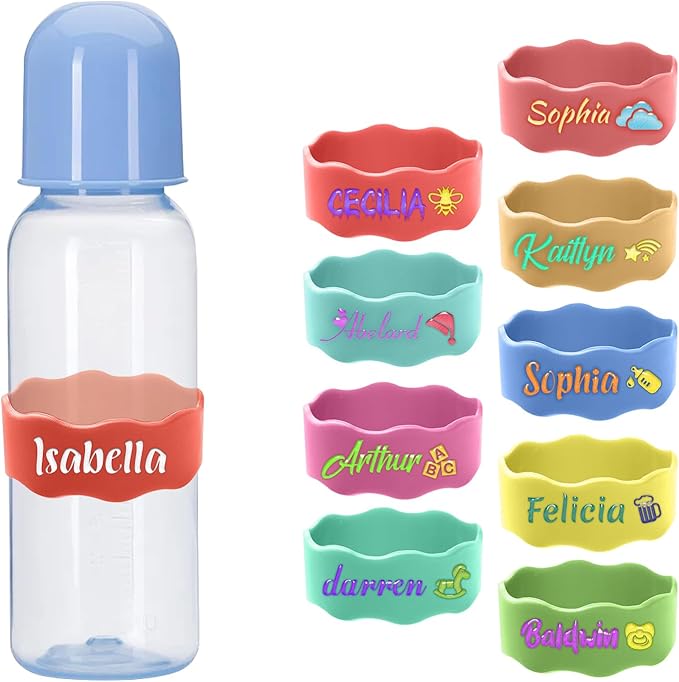 2 Pcs Personalized Water Bottle Name Bands, Elastic Silicone Daycare Labels Washable Sippy Cup Strap Waterproof Bottle Labels Daycare Essentials Gifts