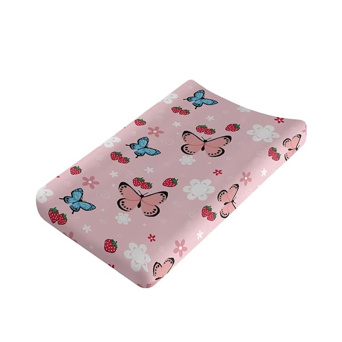 ZDCUSTOM Pink Butterfly Diaper Changing Pad Cover for Girls, Soft Changing Station Covers, Changing Pad Sheets, Stretchy Changing Pad Covers Washable