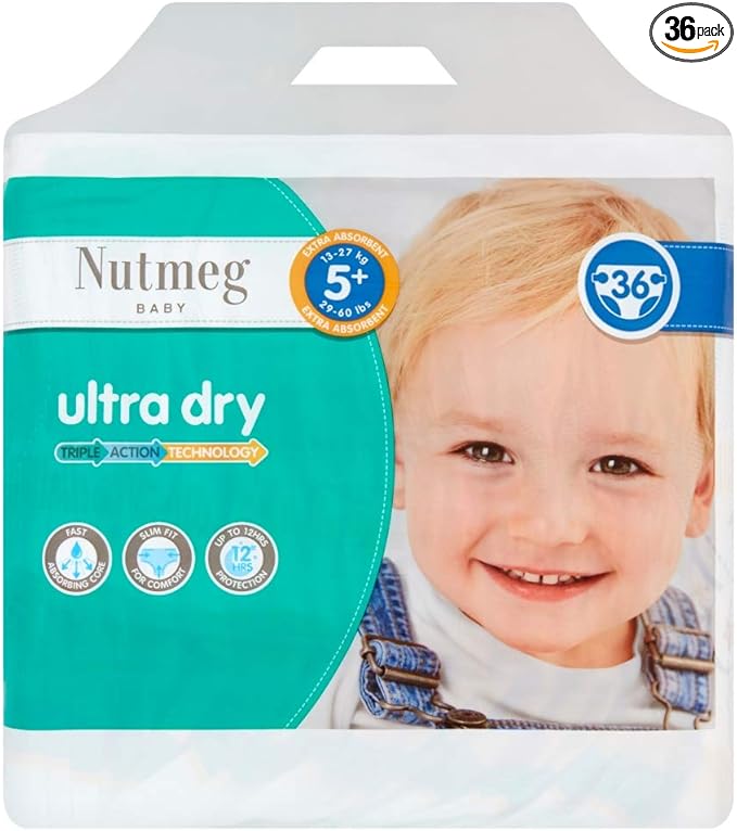 Nutmeg Baby Ultra Dry Size 5+ 13-27kg/ 29-60lbs,1 Pack of 36