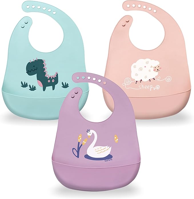 Silicone Baby Bibs with Food Catcher (Set of 3) - BPA Free Plastic, Durable and Adjustable Bib - Silicone Bibs for Babies, Toddlers, Boys, and Girls