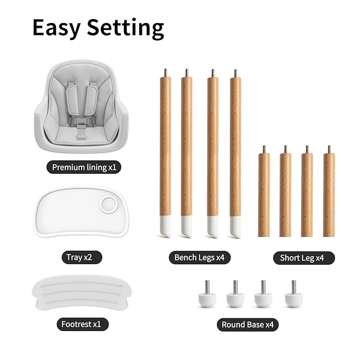 Baby High Chair, Wooden Highchair with Removable Tray, Adjustable Legs, Cushion, 5-Point Harness and Footrest for Infants, Baby, Toddlers, Gray