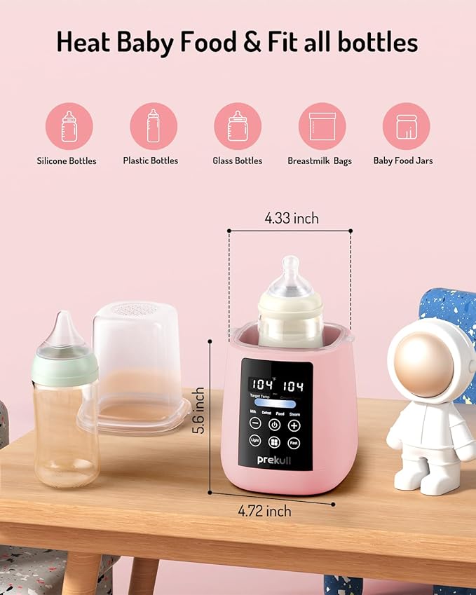Bottle Warmer, prekull Fast Baby Bottle Warmer with Accurate Temp Control for Breastmilk, Formula, 48H Thermostat Milk Warmer with Thaw, Night Light, Multifunctional Bottle Warmer for All Bottles-Pink