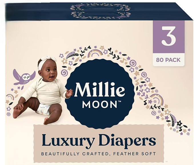Millie Moon Luxury Disposable Baby Diapers Size 3 I 80 Count I, Ultra Soft Comfort, Absorbent Core for Day & Night Use, Wetness Indicator, Gentle Materials, Secure Fit