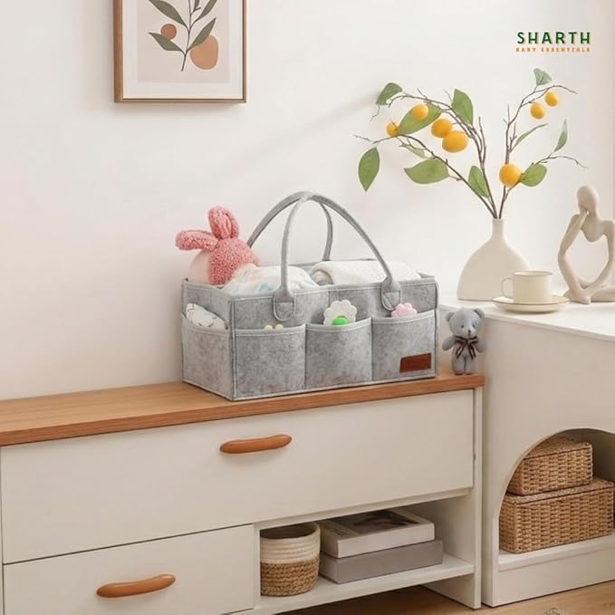 Sharth Baby Diaper Caddy Organizer with Handle, Baby Shower Gifts Basket Bag, Registry Search Must Haves Items, Nursery Storage Organizer for Newborn Girl Boy, Car Diaper Caddy (Gray)