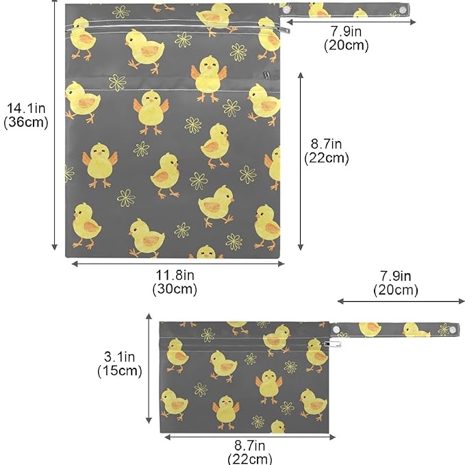 visesunny Cute Chick 2Pcs Wet Bag with Zippered Pockets Washable Reusable Roomy Diaper Bag for Travel,Beach,Pool,Daycare,Stroller,Diapers,Dirty Gym Clothes, Wet Swimsuits, Toiletries