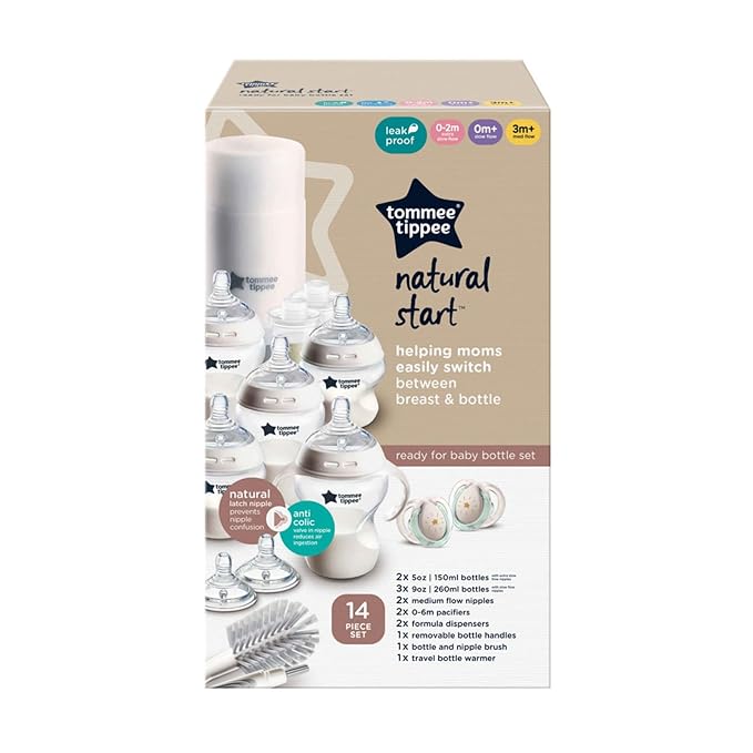 Tommee Tippee Natural Start 14 Piece Baby Bottle, Travel Bottle Warmer & Pacifier Set, 5 BPA Free Bottles, 0+ months, 2 Newborn Pacifiers, 2 Extra Nipples, Removable Bottle Handles, Brush, Clear