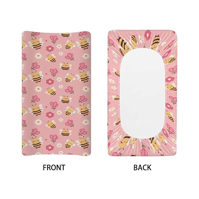 Cute Bee Changing Pad Cover for Baby Pink Comfy Diaper Pad Covers for Changing Table 16x32 Inch Washable Cradle Mattress Sheets Gift for Holiday