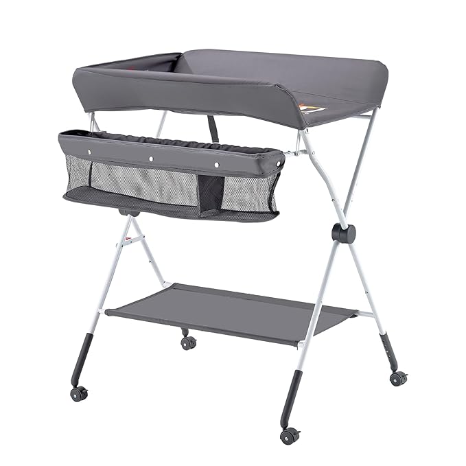 VEVOR Baby Changing Table, Foldable Diaper Change Station with Side Basket, Adjustable Height Changing Table with Lockable Wheels, Multi-Functional Nursery Storage Organizer, Dark Gray