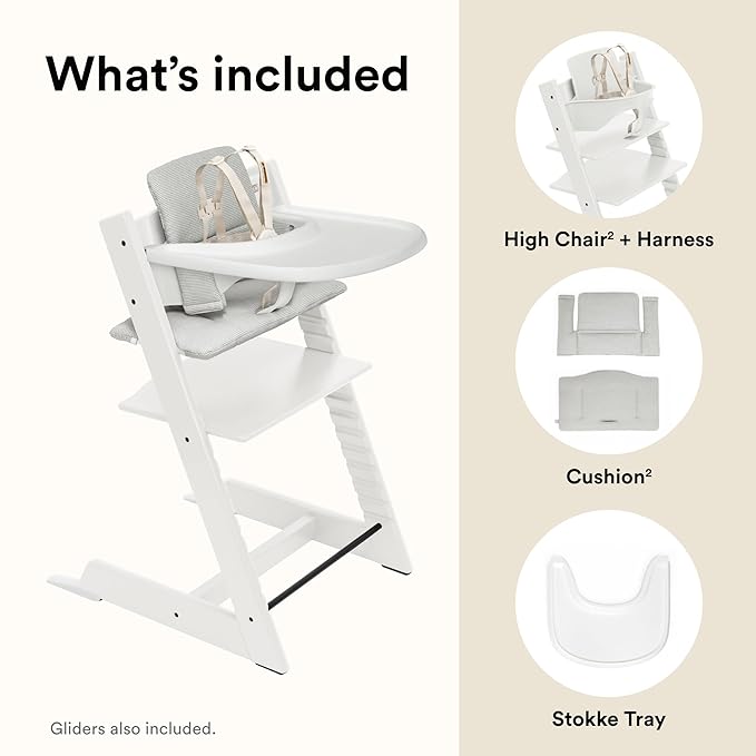 Stokke Tripp Trapp High Chair 2 (White), Cushion 2 (Nordic Grey) + Stokke Tray (White) - Includes Chair + Baby Set with Removable Harness for Children 6-36 Months