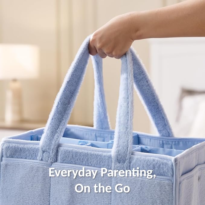luxury little Soft Baby Diaper Caddy Organizer, Nursery Storage Basket with Removable Divider, Portable Baby Diapers Basket, Gifts for New Parent, Baby Shower (Baby Blue)