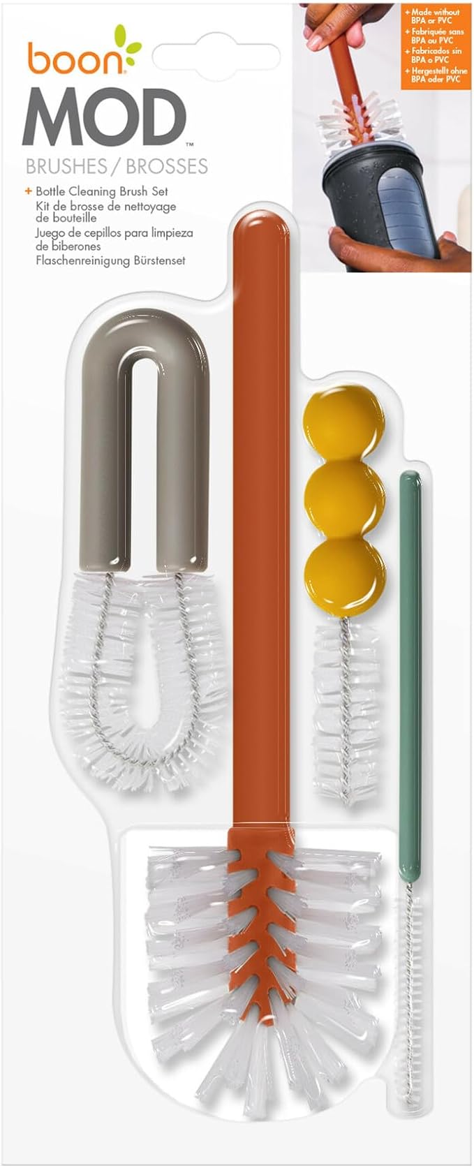 Boon Mod Replacement Baby Bottle Brushes - Includes Bottle Cleaner Brush, Straw Cleaner Brush, Nipple Brush and Detail Brush for Baby Bottles - Newborn Essentials - Deco - 4 Count