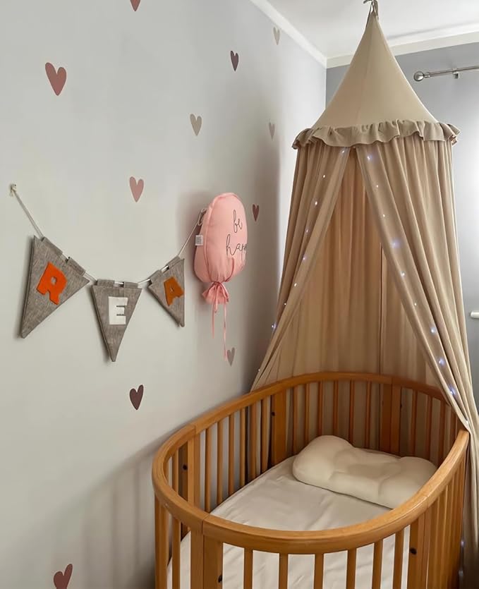 Wonder Space Kids Bed Canopy with Ruffles, Pastel Neutral Color for Boys & Girls, Frilled Cotton Tent Nursery Room Baby Crib Hanging Curtain Mosquito Netting Children Reading Nook Decoration (Khaki)