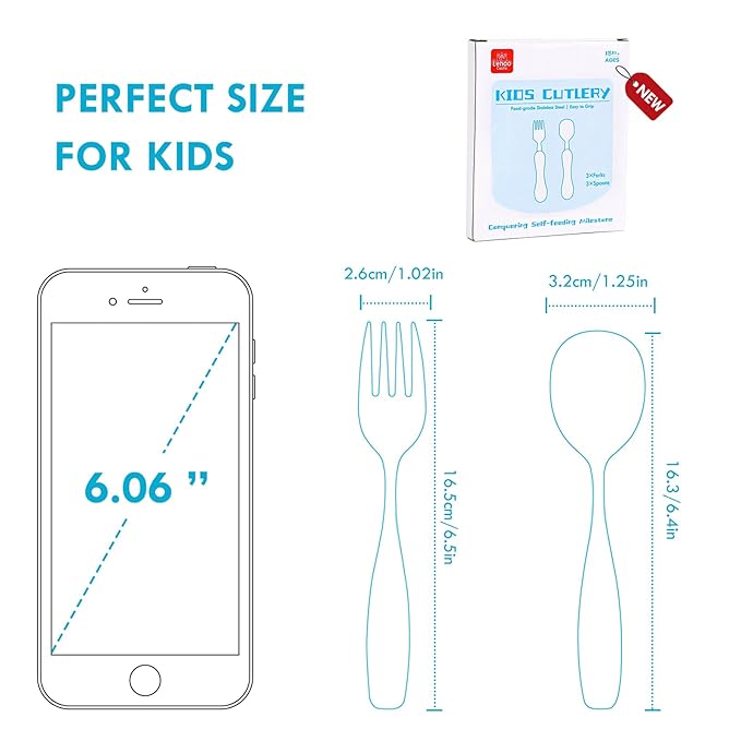 Lehoo Castle 6 Pieces Toddler Utensils, Kids Silverware for 2 3 4 Years Old, Stainless Steel Fork and Spoon Set with Plastic Handle, Safe Toddler Cutlery (Blue Yellow)