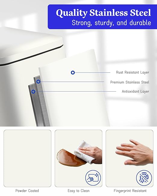 12 Gallon Slim Kitchen Trash Can, Stainless Steel Trash Can with Removal Inner Bucket and Soft-Close Lid, Pedal Garbage Can 45 Liter, White
