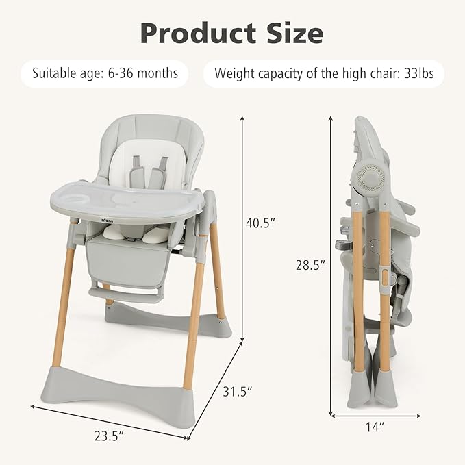 INFANS Baby High Chair, High Chairs for Babies & Toddlers with Adjustable Height Backrest Footrest Removable Tray, Easy to Clean PU Seat Convertible Quick Folding Portable Highchair