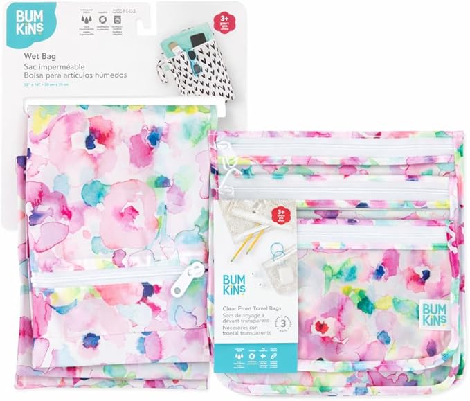 Bumkins - Waterproof Wet Bag & Clear Travel Bags - For Beach, Baby, Travel, Swim Suit, Cloth Diapers, Pump Parts, Pool, Gym, Toiletries - Reusable & Easy to Clean - Watercolor - 4 Pack