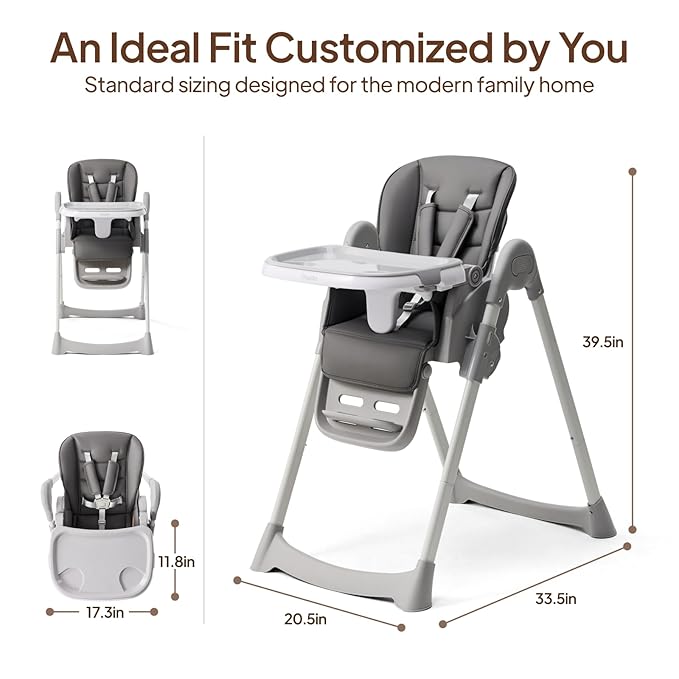 Tinyiota 4 in 1 High Chairs for Babies and Toddlers with Wheels, 8-Height Adjustable & 3-Position Recline, Easy Clean, Dishwasher Removable Tray, Foldable HighChair for Infant, Meets ASTM Safety, Grey