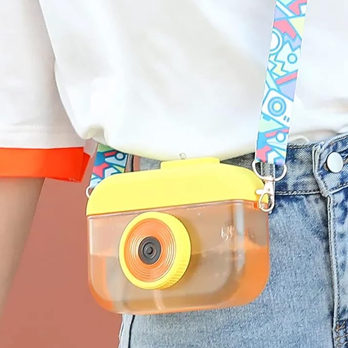 13 oz Cute Water Bottle with Straw - Camera Shape Water Cup with Adjustable Shoulder Straps - Ideal Kawaii Gift for School (Yellow)