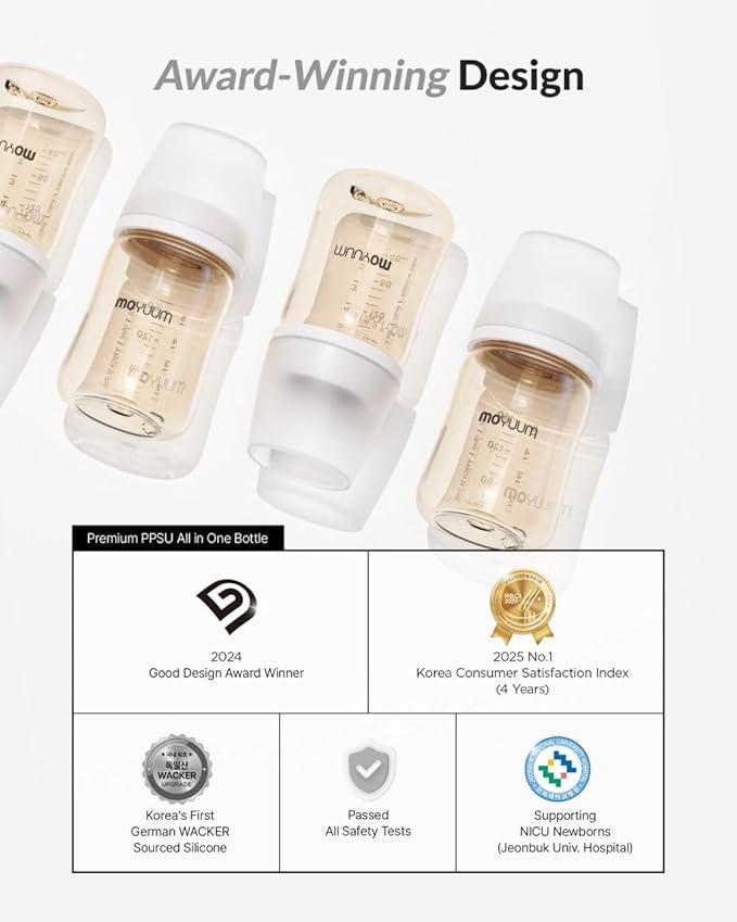 Moyuum MOV.aa Premium PPSU Wide Neck Anti-Colic Baby Bottle | Made in Korea, Microplastic & BPA-Free, Breastfeed Transition, Natural Fit Nipples for Newborns & All Stages - 5 oz (2 Pack, White)