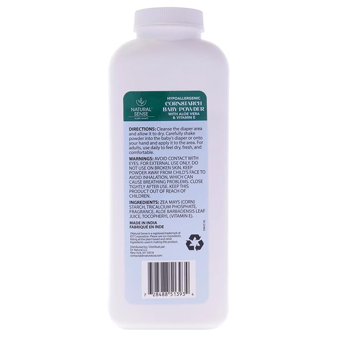 Natural Sense Plant-Based Hypoallergenic Cornstarch Baby Powder with Aloe Vera & Vitamin E, 9oz