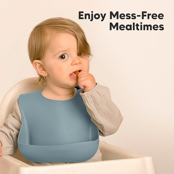 KeaBabies 2-Pack Silicone Bibs for Babies, Toddlers Girl, Boy – Sturdy Food-Grade Baby Bibs for Eating, Large Food Catcher, Clean & Put On Easily, Waterproof Toddler Feeding Essentials (Alps)