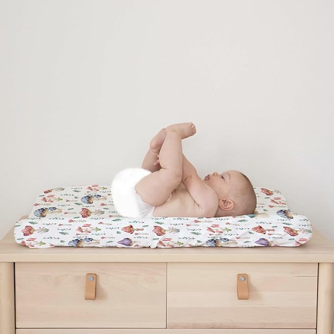Watercolor Mushroom Forest Changing Pad Covers Colorful Mushroom Floral Leaves Baby Diaper Change Table Sheets for Boy Girl Fantasy Soft Breathable Stretch Changing Pad Table Mats 32''x16''