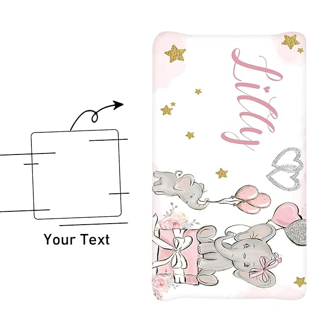 Personalized Baby Changing Pad Cover - 2 Piece Baby Pee Pad Cover Nursery Bedding with Name Portable Pink Elephant Diaper Changing Pad Gifts for Infant