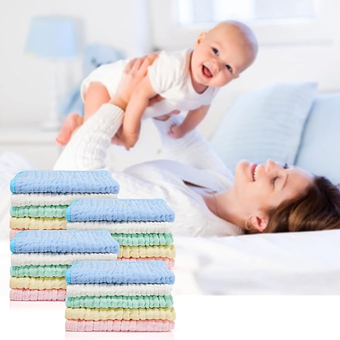Tudomro 20 Pack Muslin Burp Cloths 20 x 10 Inch Absorbent Washcloths 6 Layers 5 Colors Baby Rags Towels Gentle Absorbent Soft Infant Essentials for Newborn and Toddlers Boys & Girls Milk Spit up Rags