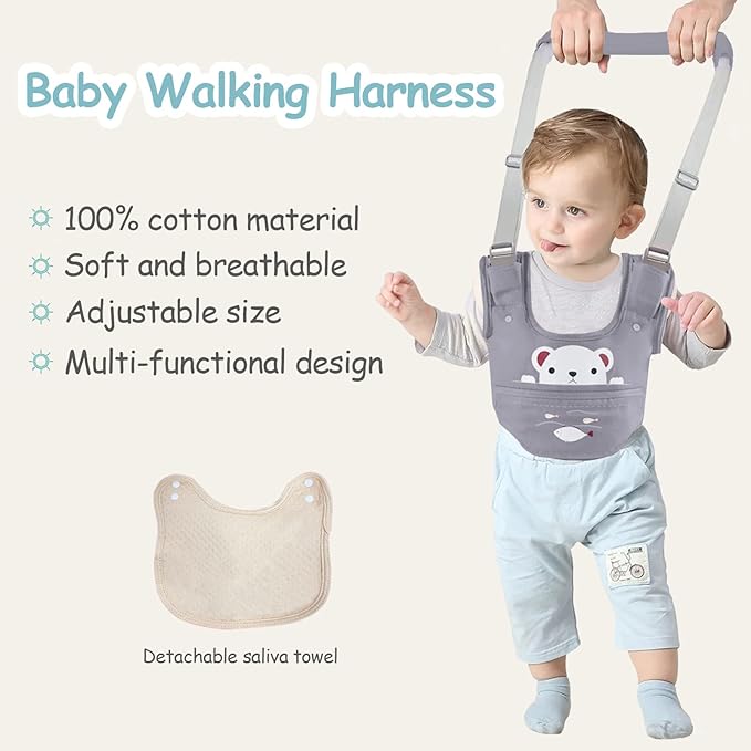 Baby Walking Harness Handheld Baby Walker Assistant Belt Adjustable Toddler Infant Walker Harnesses Standing Up and Walking Learning Helper with Detachable Crotch for 9-24 Month (Gray)