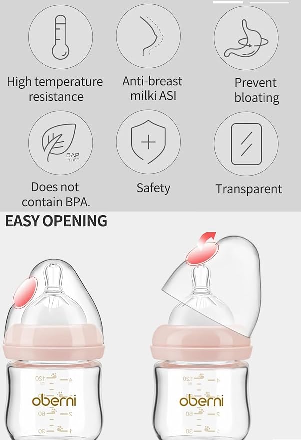 Oberni Glass Baby Bottles,Anti Colic Breastfeeding Bottle with Natural Response Nipple Size S,Wide Neck Slow Flow Baby Bottle for Baby,Newborn,Preemie 0-3 0-6 Month,BPA Free (Pink, 4 Ounce,3 Pack)