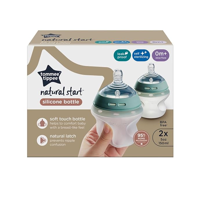 Tommee Tippee Natural Start Anti Colic 5 oz BPA Free Silicone Baby Bottles, 0+ Months, Silicone Feels Like Mother's Skin, Slow Flow Breast-Like Nipple, Clear, Pack of 2