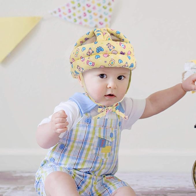 Baby Safety Helmet+2 Pairs Baby Crawling Knee Pads, Soft Comfortable Adjustable Baby Head Protective Cap Hat, Toddler Anti-Slip Knee Pads, for Baby Toddler Sitting Walking Climbing Running (Yellow)