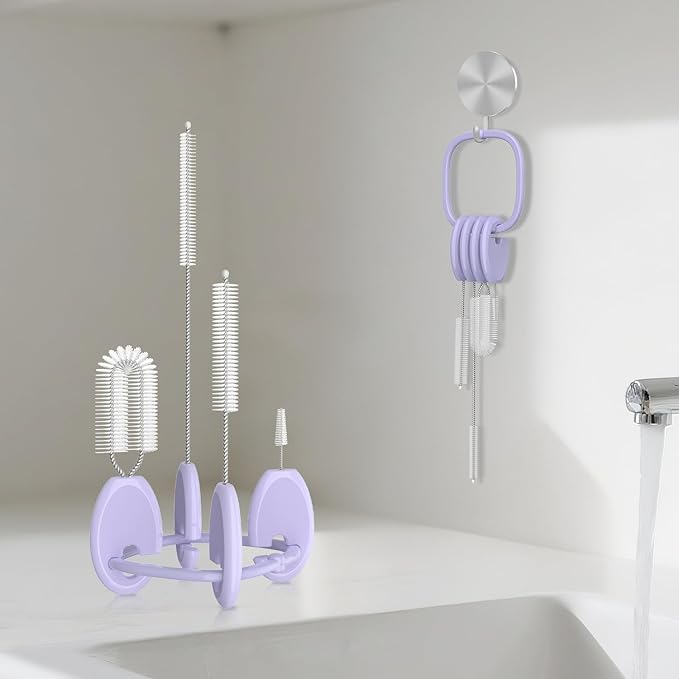 YOTIME 4 in 1 Straw Cleaner Brush Set, Reusable Standing Straw Brushes with Holder Ring, for Baby Bottles, Sippy Cups and Lids, Purple
