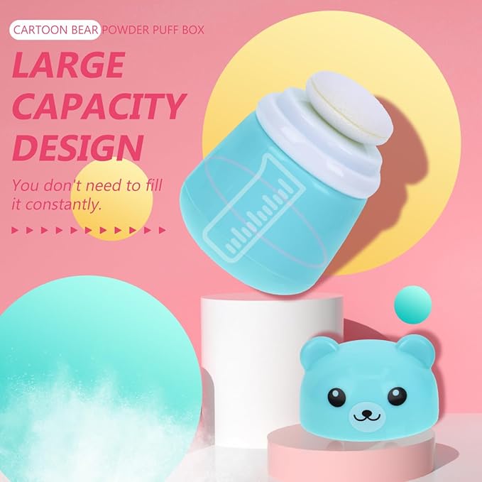 OSALADI Cartoon Bear Baby Powder Puff Box Infant Talcum Powder Container with Puff Portable Loose Dispenser for Baby Skin Care 3.93X2.75X2.75In