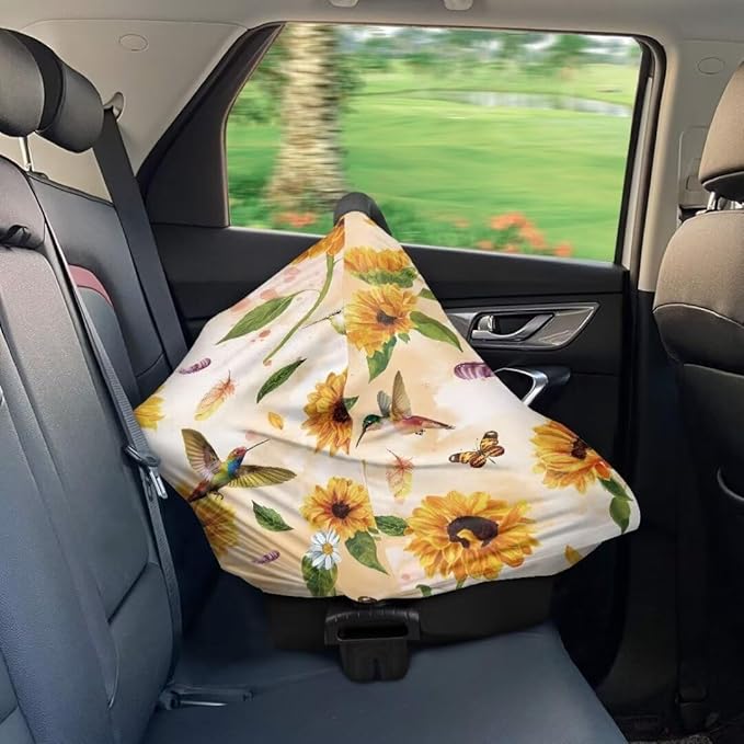 Coldinair Hummingbird Car Seat Cover for Babies Girls Sunflower Nursing Cover,Soft Stretchy Infant Carseat Canopy,Shopping Cart/High Chair/Stroller Covers